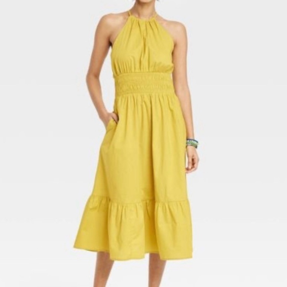 A New Day Target Poplin Yellow Chartreuse Halter Midi Dress